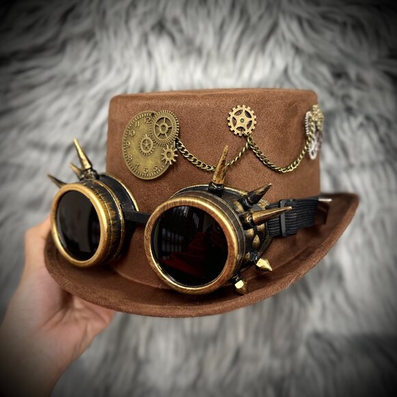 Steampunk Top Hat Metallic Scientist Time Traveler Halloween Costume Cosplay Hat - Picture 4 of 5